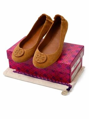 Tory Burch Tan Suede Logo Ballet Flats. Like new. I only wore them a few times